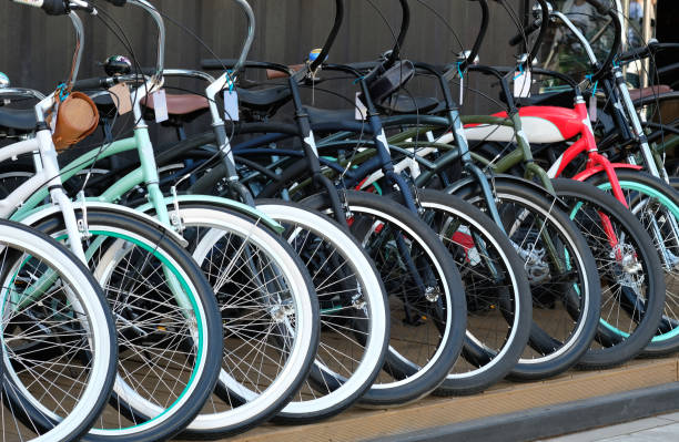 istock several colorful bicycles stand in a row 1609372128
