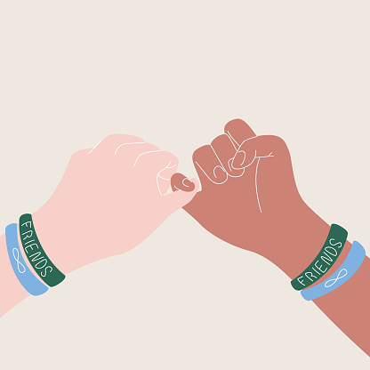 Pinky promise hands gesturing. Concept of friends, friendship, flat illustration, vector, colors