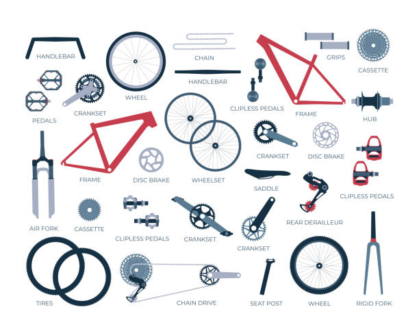 schemat, struktura, zestaw części rowerowych z nazwami - bicycle cycling bicycle pedal part of stock illustrations