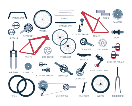 Scheme, structure, a set of bicycle parts with names. Elements, details of a gravel, road, mtb bike in infographic. Fork, wheels, chain, frame, crankset, pedals. Isolated vector illustration in flat