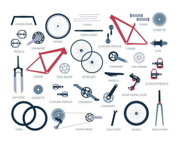 Scheme, structure, a set of bicycle parts with names Scheme, structure, a set of bicycle parts with names. Elements, details of a gravel, road, mtb bike in infographic. Fork, wheels, chain, frame, crankset, pedals. Isolated vector illustration in flat chainring stock illustrations