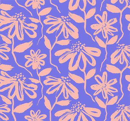 Seamless repeat pattern with flowers and leaves in brush style. and on white background. vector illustration.