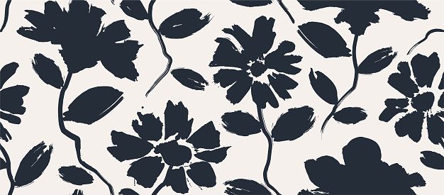 grunge flowers black and white. flower brush texture style seamless pattern.