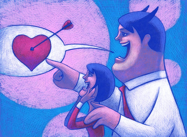evil man embracing woman and pointing heart with arrow digital painting / raster illustration of evil man embracing woman and pointing heart with arrow lying friends quotes stock illustrations