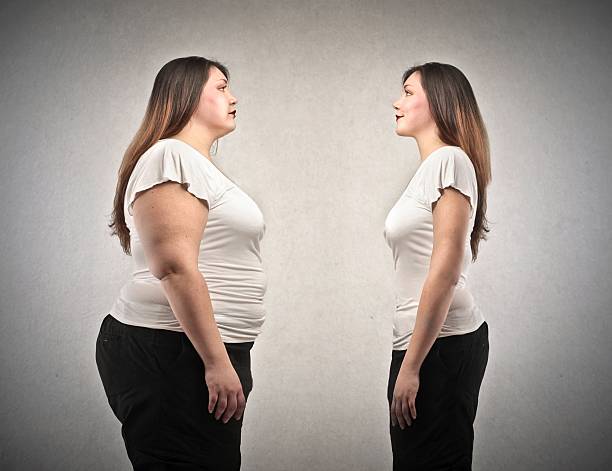 diet fat woman and woman lean in comparison on gray background skinny stock pictures, royalty-free photos & images