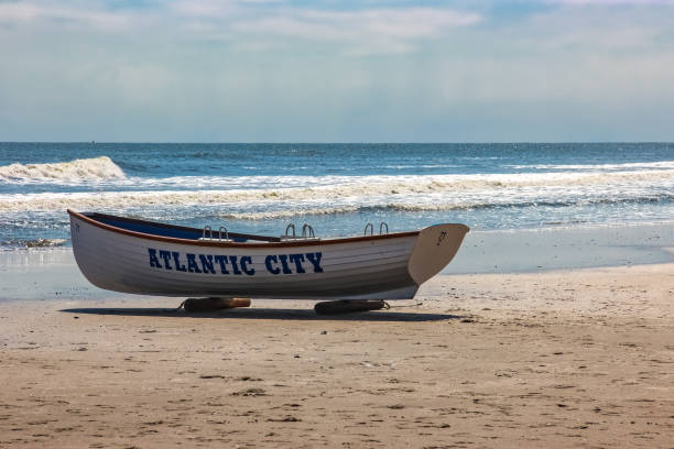 istock Lifeguard Boat on Sandy Beach in Atlantic City 1609438213
