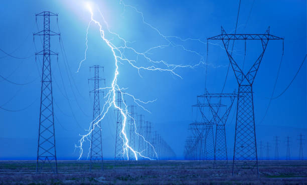 istock High voltage power line with amazing lightning 1609438421