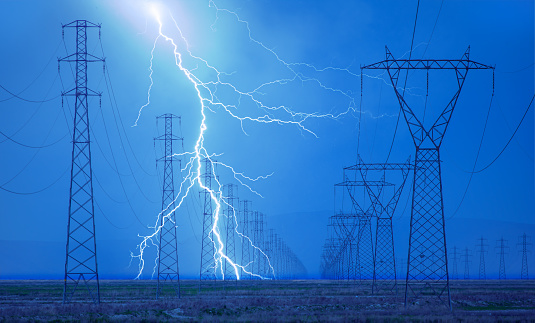 High voltage power line with amazing lightning