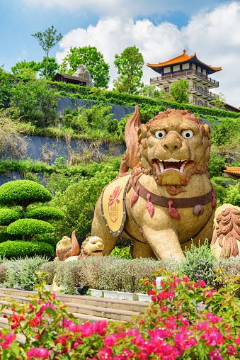 Kaohsiung, Taiwan - April 29, 2019: Awesome sculpture of lion in scenic garden at the Fo Guang Shan Buddha Museum. Taiwan is a popular tourist destination of Asia.