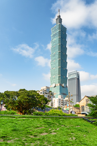 Taipei, Taiwan - April 26, 2019: Awesome view of Taipei 101 (Taipei World Financial Center) in downtown. The tower is a supertall skyscraper and a landmark of Taiwan. Amazing cityscape.