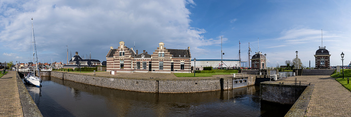 panorama of the historic Lemstersluis, a drop lock in Lemmer, Netherlands