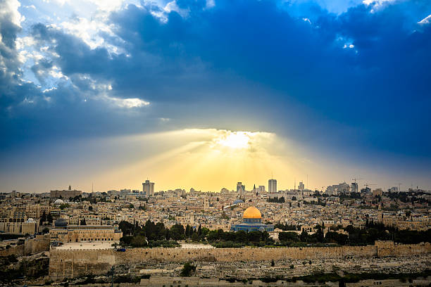 Jerusalem Dramatic sky over Jerusalem, view from the Olive Mountain, taken shortly before a thunderstorm local landmark photos stock pictures, royalty-free photos & images