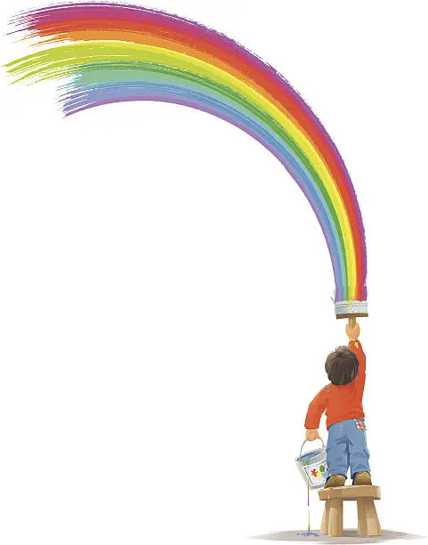 Vector illustration of Child painting a big rainbow