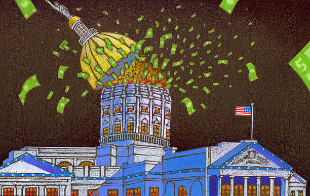 Capital Spending - Government Waste Colored pencil and acrylic illustration of Government Spending blowing the roof off a capital building. Check out my "Social Issues" light box for more. currency us paper currency dollar one dollar bill stock illustrations