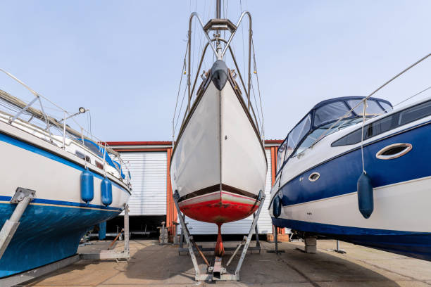 Boats in winter storage in the parking lot
