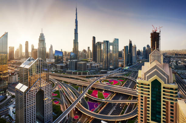 istock Beautiful aerial sunrise in Dubai centre with panoramic skyline view, UAE 1609470697