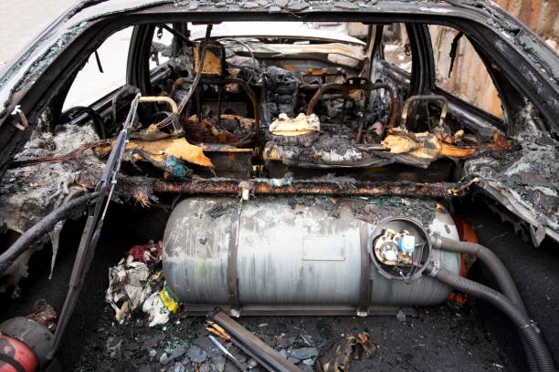 istock Car crash, burnt-out wreck 160948658