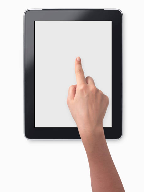 female hand holding a touchscreen, isolated on white background