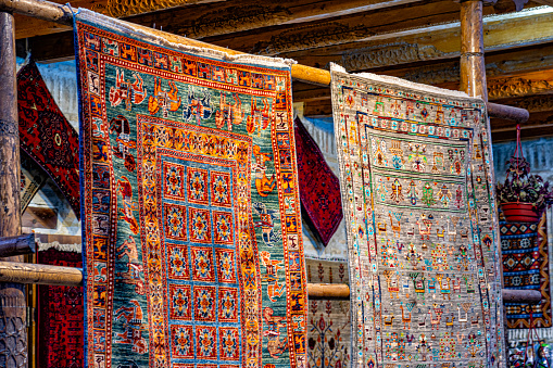 Bukhara has always been famous for its carpets. Here they are seen on display in the city centre
