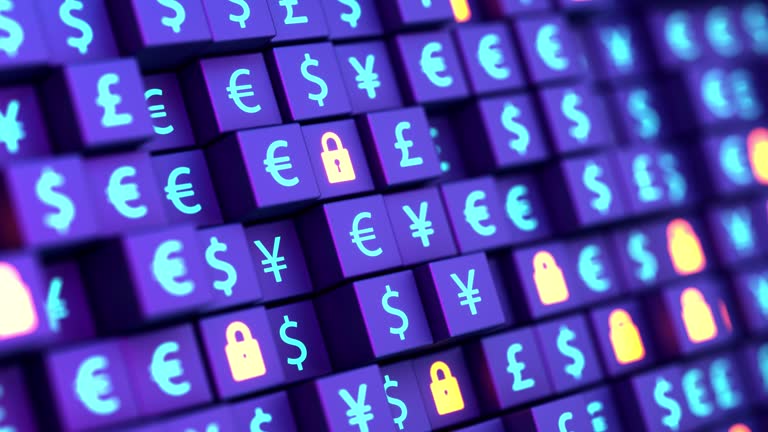 Seamless loop. Futuristic currency background. Dollar, euro, pound and yen signs glowing in cubes shape background. Security money concept.