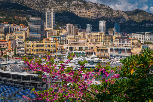 Summer landscape of Monaco. Aerial view. View of Skyline, Hercules Port in Monaco, Monte Carlo. Many luxury yachts and grandstand of Monaco open-wheel single-seater racing car Grand Prix and mountains in the background.