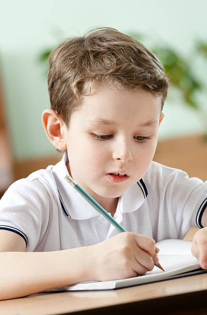 istock Schoolboy does some notes on the sheet of paper 160950848