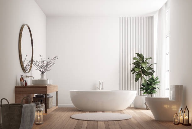 istock Minimal style modern contemporary white bright bathroom with natural light 3d render illustration 1609510211