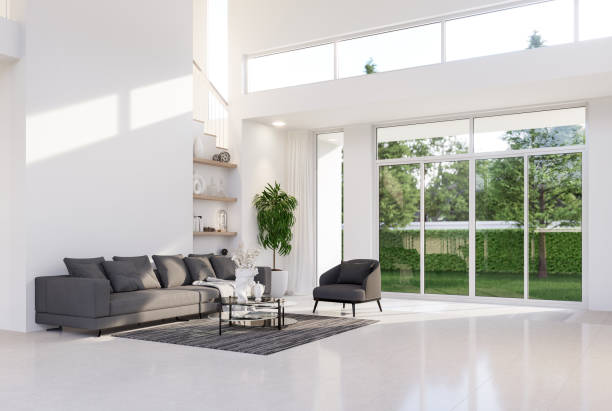 istock Minimal style white high living room with garden view 3d render 1609510267