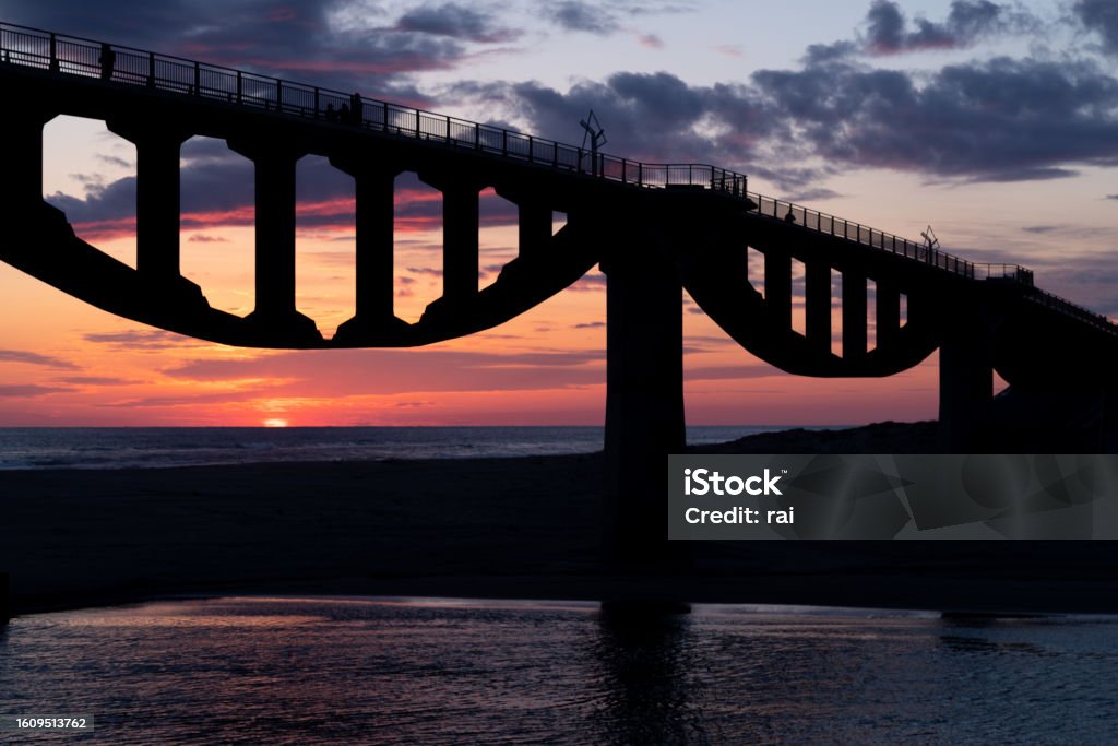 sunset and bridge 夕暮れと潮騒橋　静岡県 Backgrounds Stock Photo