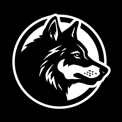 Wolf silhouette, round shape logo on a dark background.