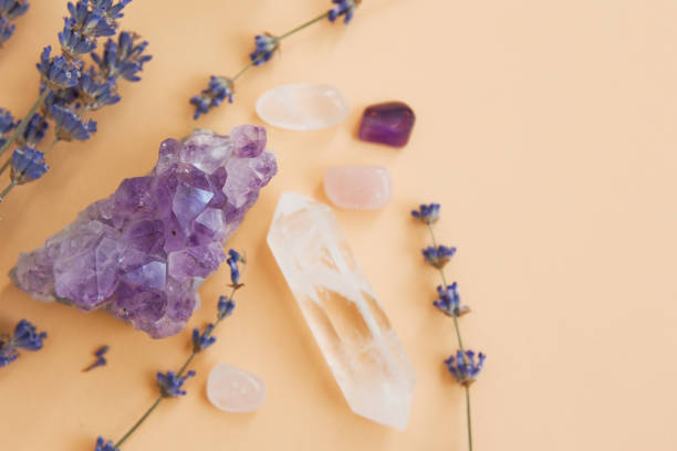 istock Natural gemstones and lavender flowers 1609536393