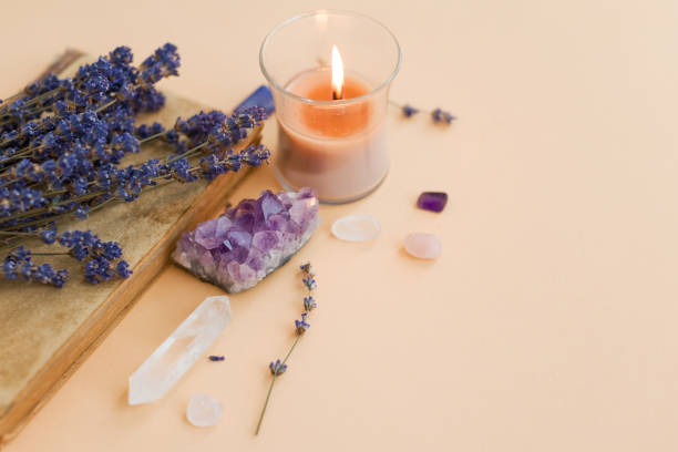 istock Amethyst, candle and lavender still life 1609536394