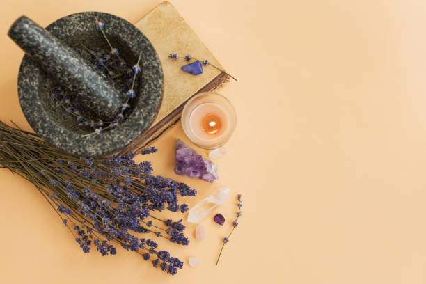 istock Amethyst, candle and lavender still life 1609536395