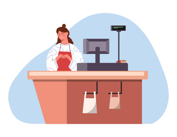 ilustrações de stock, clip art, desenhos animados e ícones de supermarket cashier at checkout vector concept - cash register coin cash box checkout counter