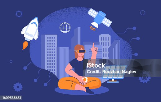 istock Woman with connected world vector concept 1609538651