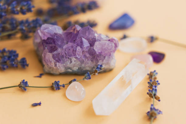 istock Natural gemstones and lavender flowers 1609541280