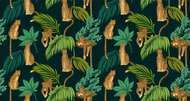 Vector illustration of Seamless tropical pattern with leopards and green palm leaves. Hand drawn summer jungle vector surface design.