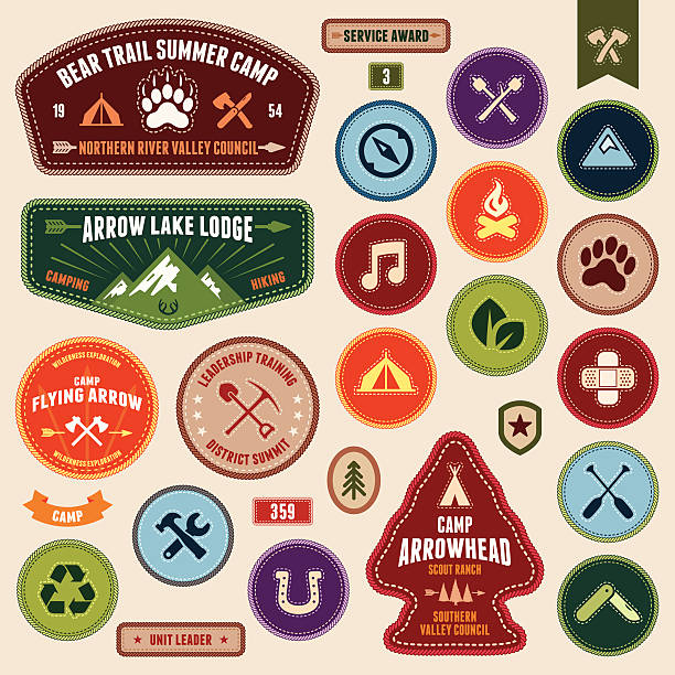 Scout badges Set of scout badges and merit badges for outdoor activities. achievement stock illustrations