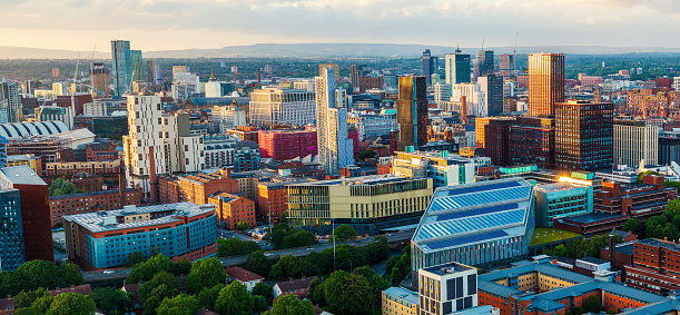 Panoramic Aerial View of Manchester Skyline on a Beautiful Sunset Hour (Golden Hour)