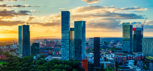 Panoramic Aerial View of Manchester Skyline on a Beautiful Sunset Hour (Golden Hour)