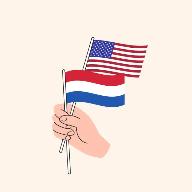 Vector illustration of Cartoon Hand Holding United States And Dutch Flags. USA and Netherlands Relations