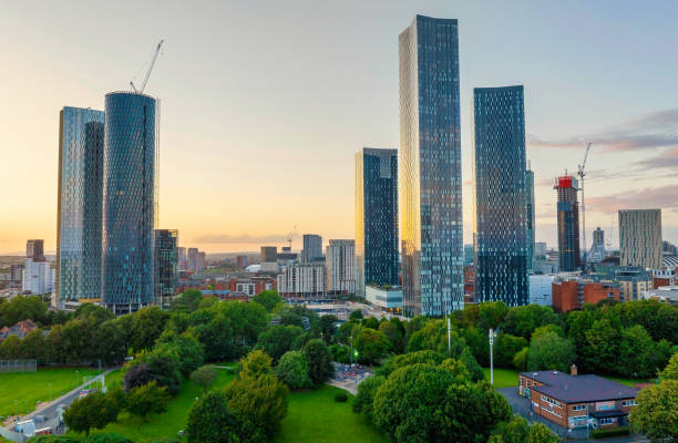 istock Manchester Skyline at Golden Hour 1609602379
