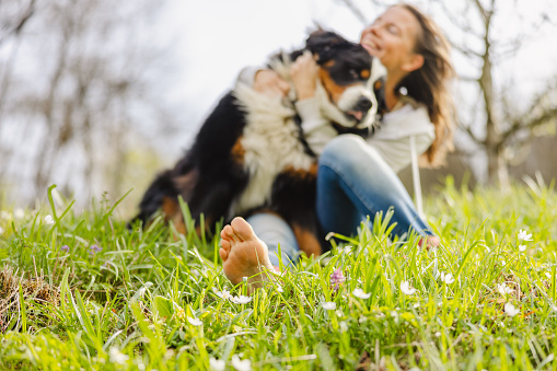 Happy woman enjoying with dog while sitting on grassy field at park during sunny day