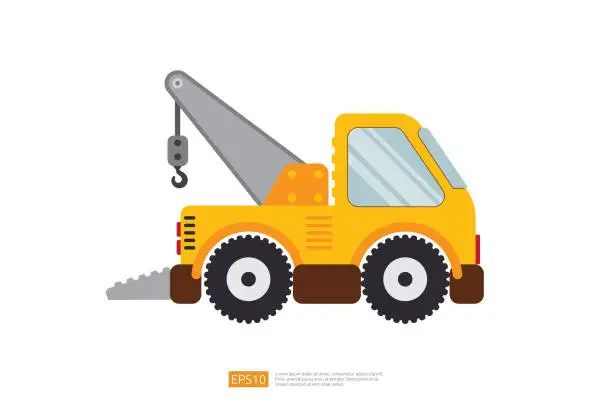 Vector illustration of yellow wrecker truck vector illustration on white background. Isolated tow car vehicle. flat cartoon recovery Truck 24 hour Tow Service icon