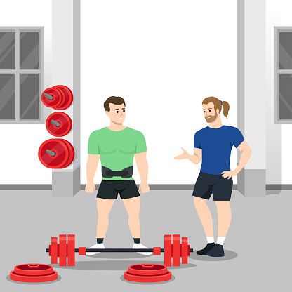 Coach training male client making squat with barbell vector flat illustration. Athletic personal trainer and man performing physical exercise at gym. Flat vector illustration isolated on white background
