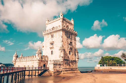 Belem Tower on the Tagus River, Lisbon, Portugal. Summer vacation and tourism concept