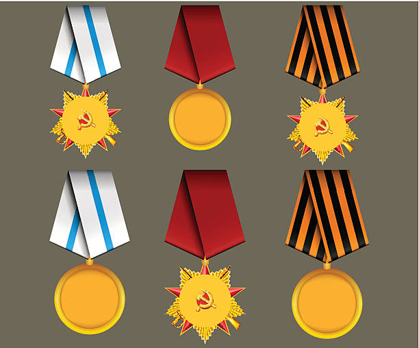 ilustrações de stock, clip art, desenhos animados e ícones de vector conjunto de medalhas militares, relacionadas com a 23 de fevereiro - medal star shape war award