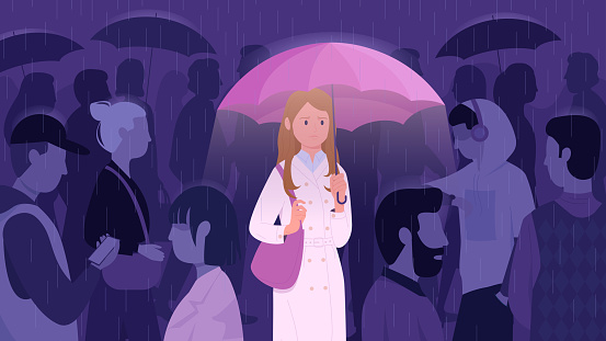Loneliness of woman in crowd of people vector illustration. Cartoon depressed sad lonely girl holding umbrella to protect from autumn rain and anxiety, mental disorder of person standing alone