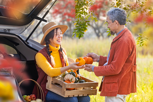 Happy farmer family carrying organics homegrown produce harvest with apple, squash and pumpkin while selling at car trunk in local market with fall color from maple tree during autumn season