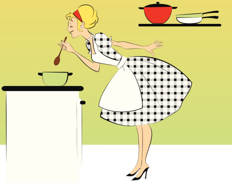 1950s housewife in a checkered dress and apron cooking dinner at the kitchen. EPS8, no transparencies.